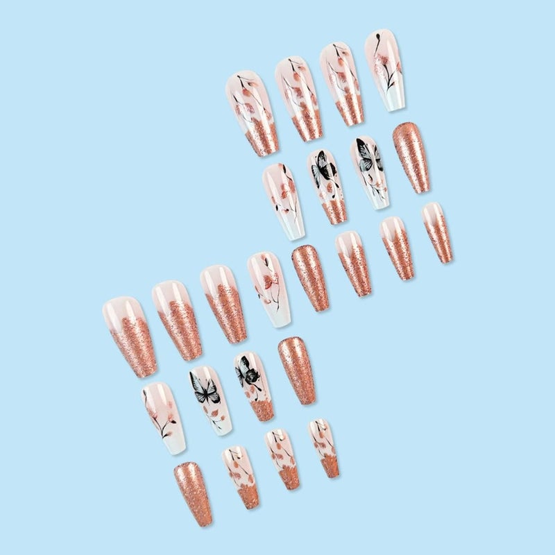 juggssa Long Press on Nails Coffin French Fake Nails with Butterfly Leaf Print Designs Acrylic Nails Press on Glitter French Glue on Nails Gradient False Nails with Glue Spring Stick on Nails for Women 24PCS - Image 2